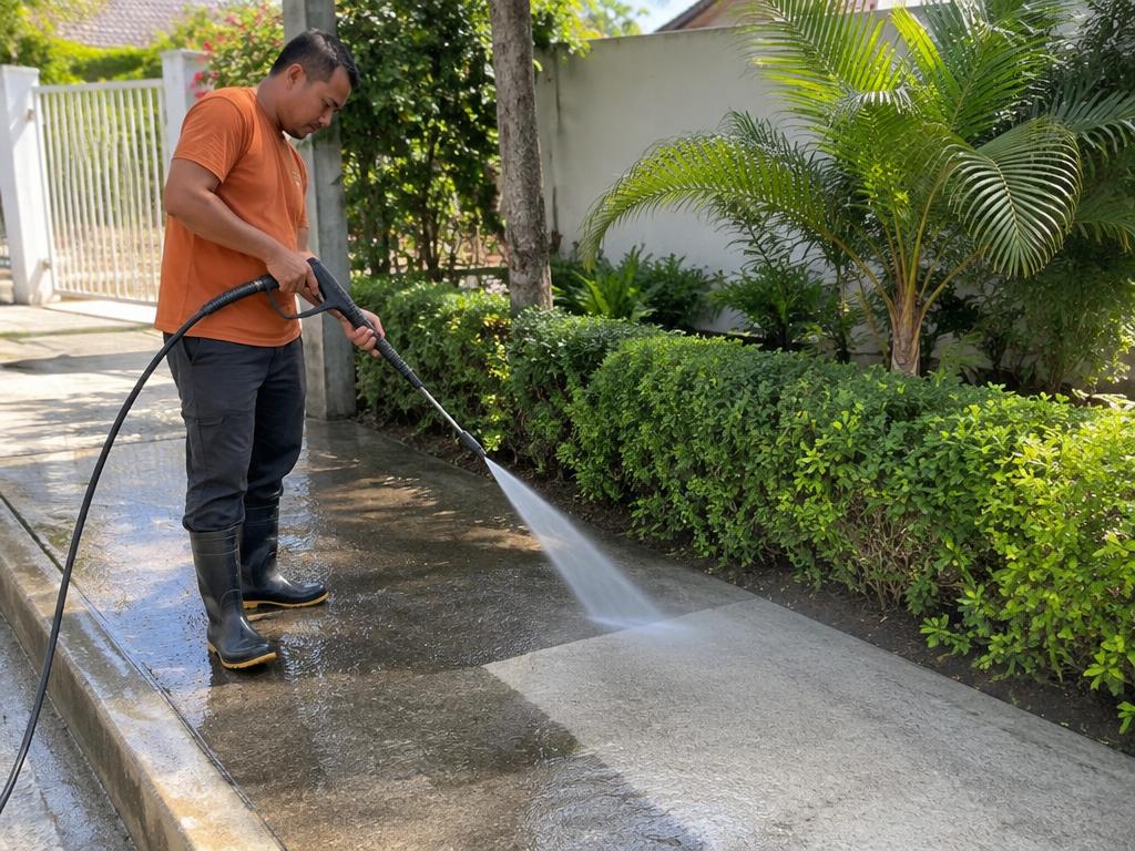 Profissional lavando calçada com equipamento de pressão